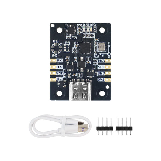 Yahboom IMU Sensor module kit with USB Type-C cable and pin headers, top view of PCB