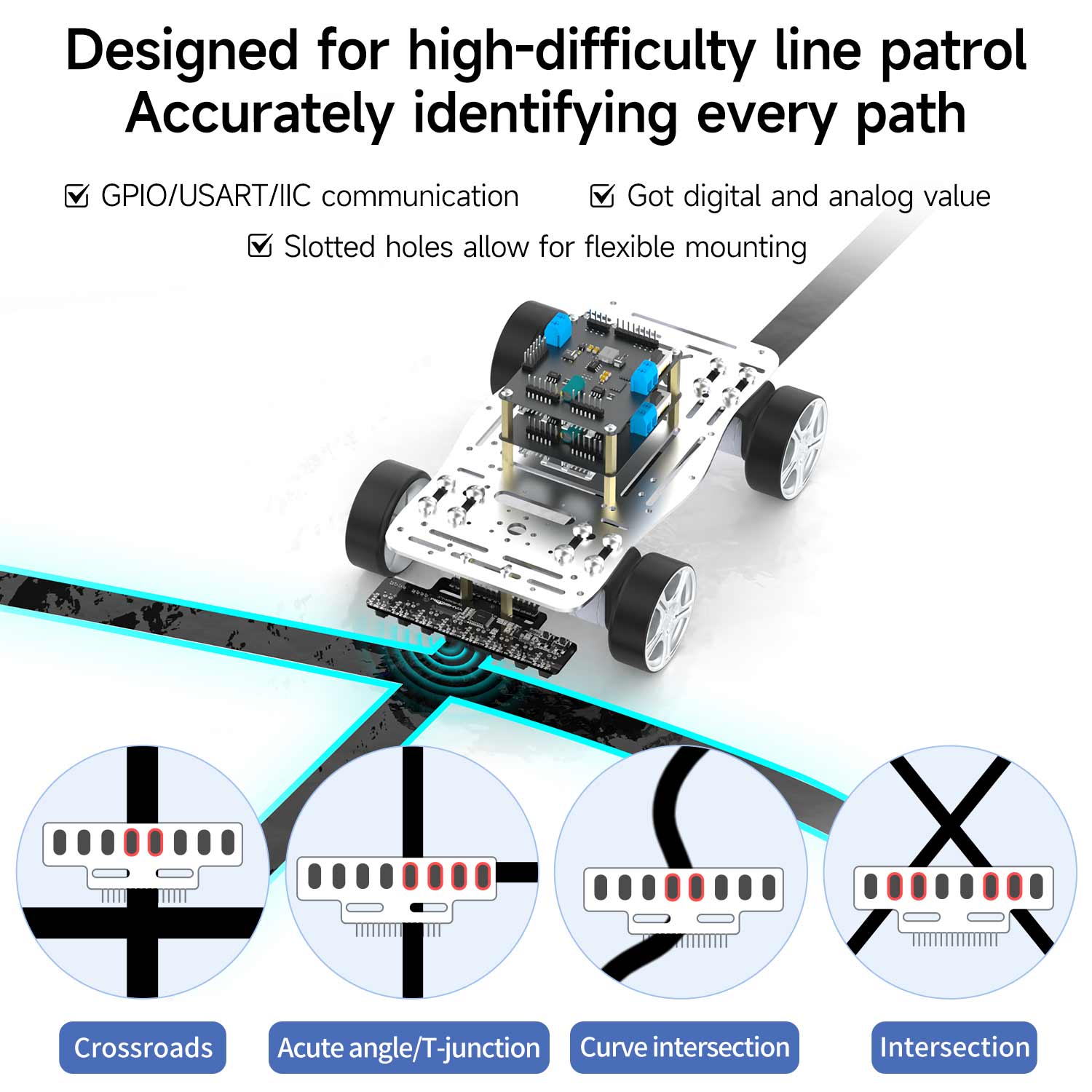 Robot car line-following demo using 8-channel IR tracking module on crossroads and curve intersections