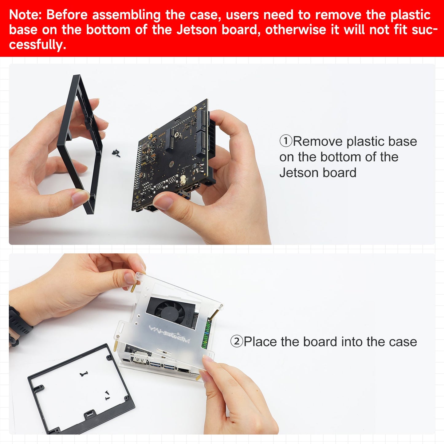 Yahboom Acrylic Protective Case installation steps: remove Jetson board plastic base, then place board into case