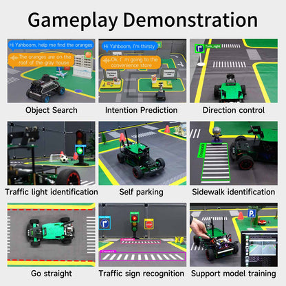 Robot car training gameplay demo on autopilot track: object search, parking, traffic light and sign recognition