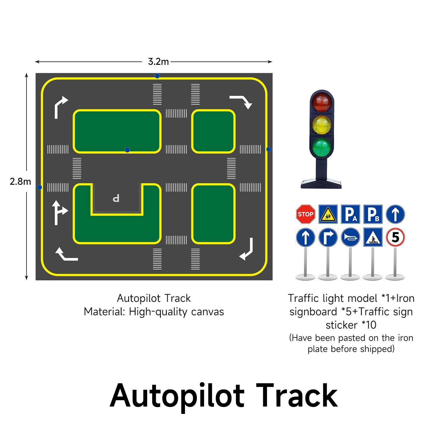 Autopilot track size diagram 3.2m by 2.8m with traffic light model, iron signboards and traffic sign stickers