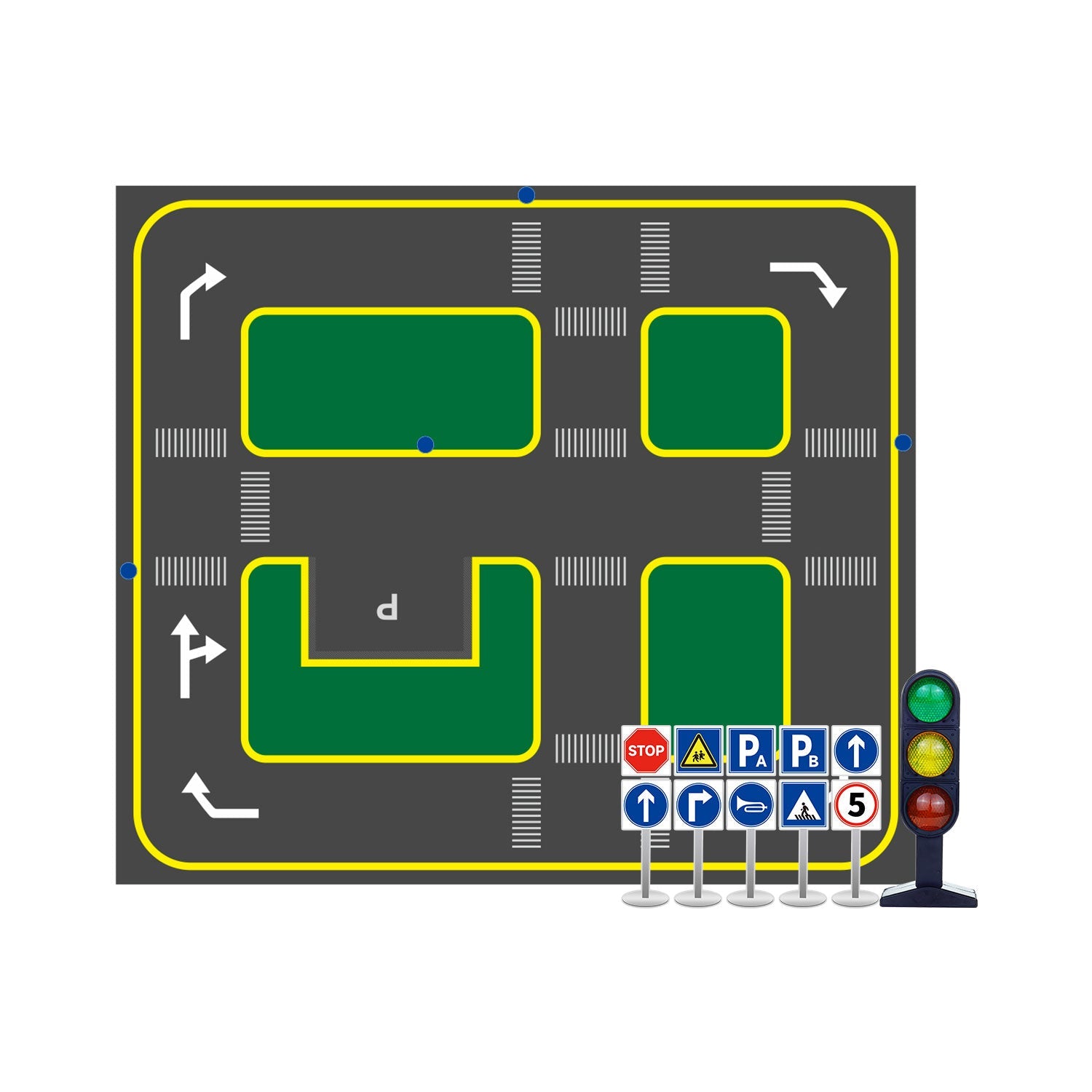 Yahboom autopilot track map layout with road markings, lanes and traffic light plus mini traffic signs