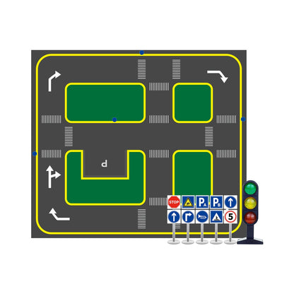 Yahboom autopilot track map layout with road markings, lanes and traffic light plus mini traffic signs