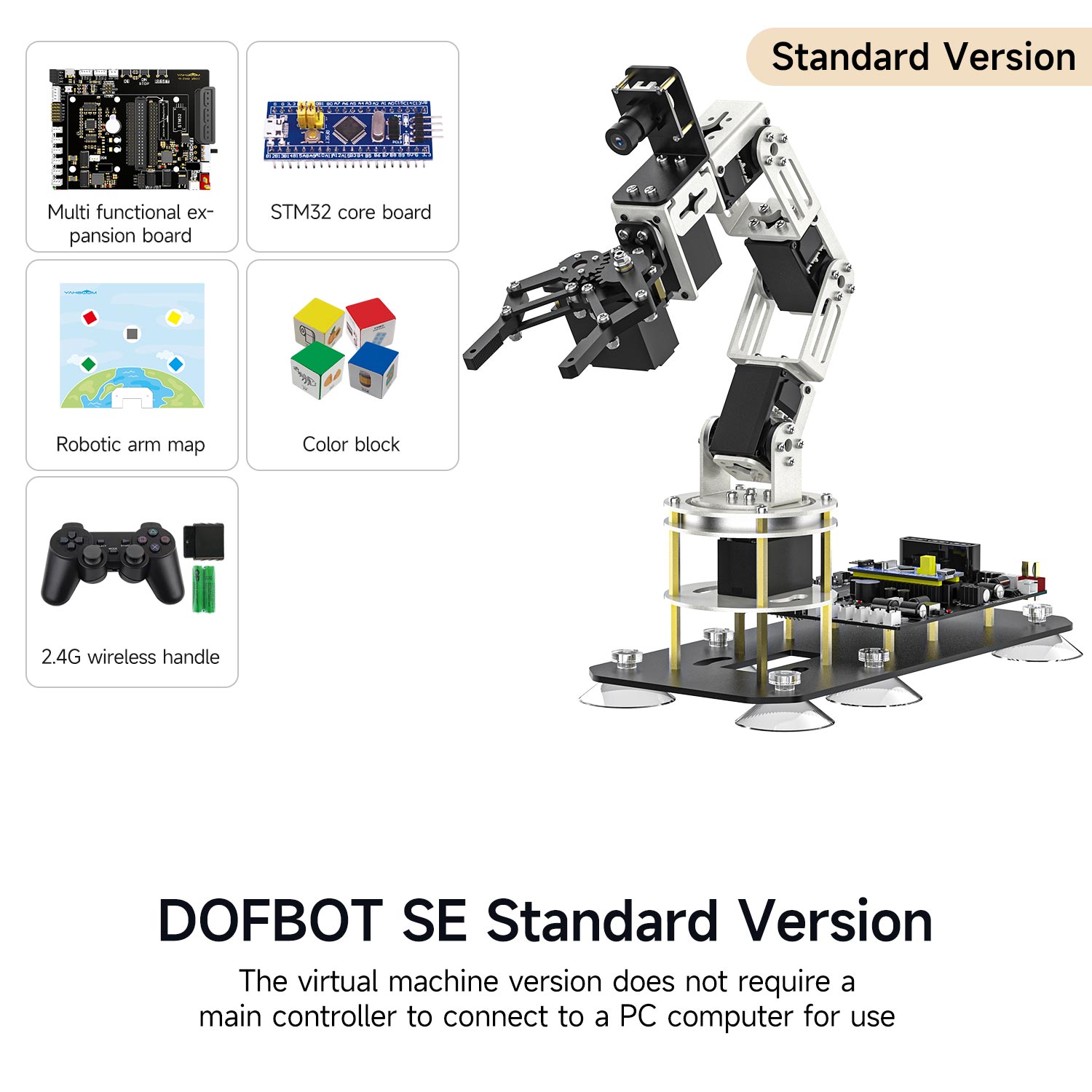 DOFBOT SE Standard Version comparison graphic showing included boards, color blocks, robotic arm map, 2.4G handle