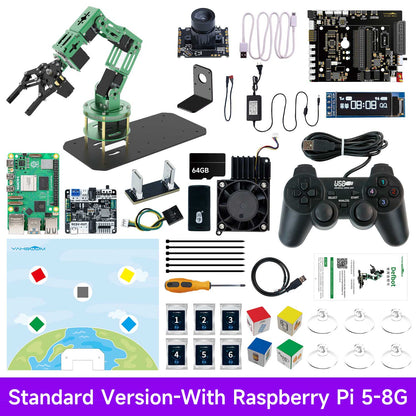 Standard version kit contents with Raspberry Pi 5 8GB: DOFBOT arm, camera, gamepad, boards, cables, blocks