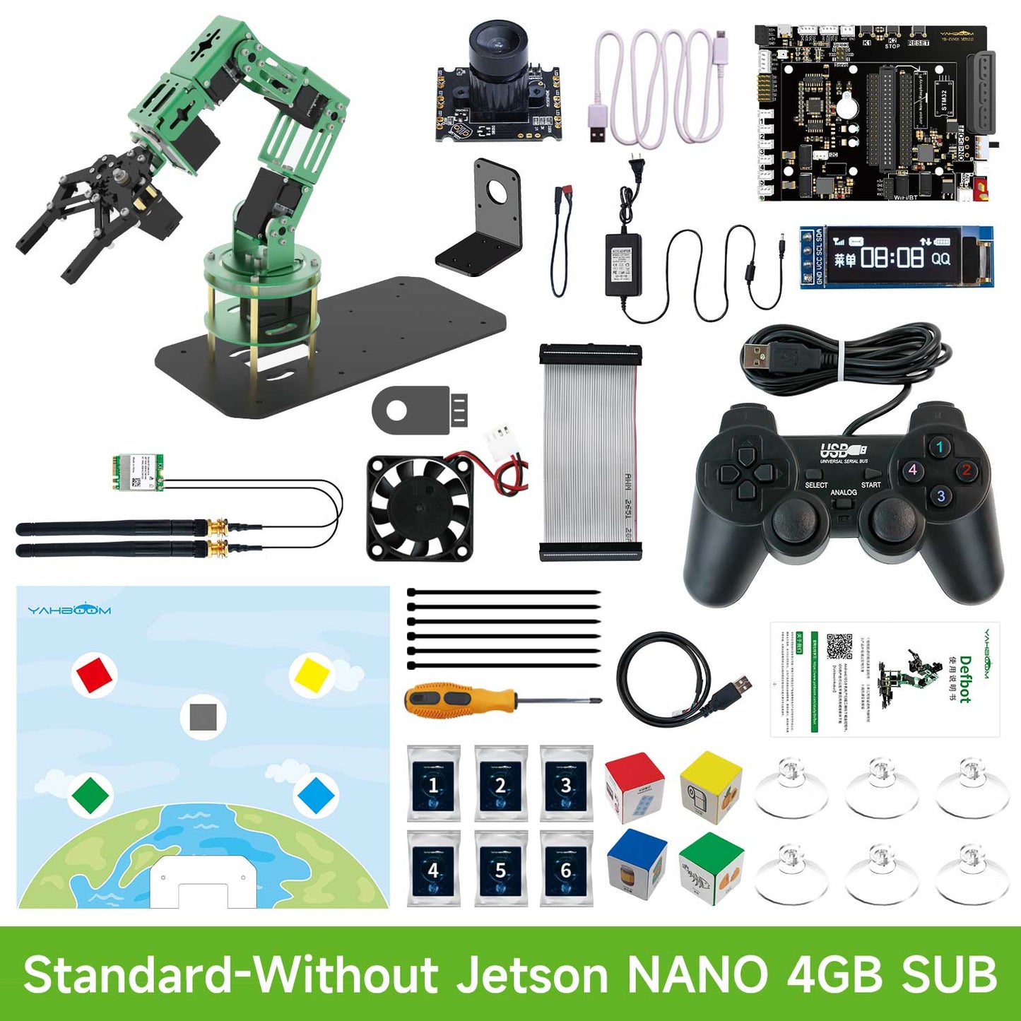 Collection of electronic components and tools for Dofbot on a white background with text 'Standard Without Jetson NANO 4GB SUB'.