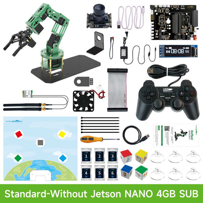 Collection of electronic components and tools for Dofbot on a white background with text 'Standard Without Jetson NANO 4GB SUB'.