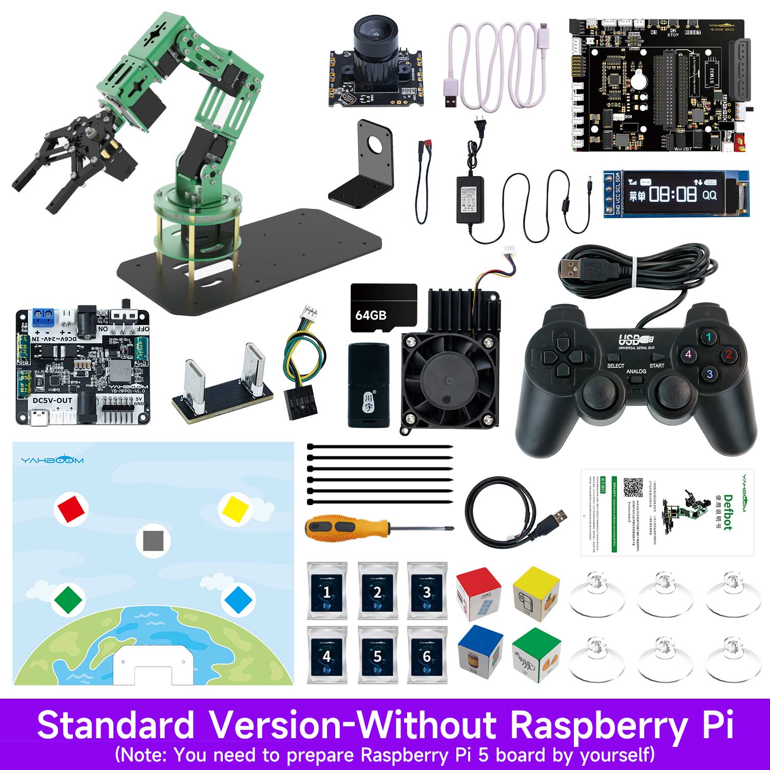 Standard version kit contents without Raspberry Pi board: DOFBOT arm, camera, gamepad, control boards, parts