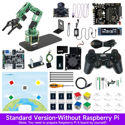 Standard version kit contents without Raspberry Pi board: DOFBOT arm, camera, gamepad, control boards, parts