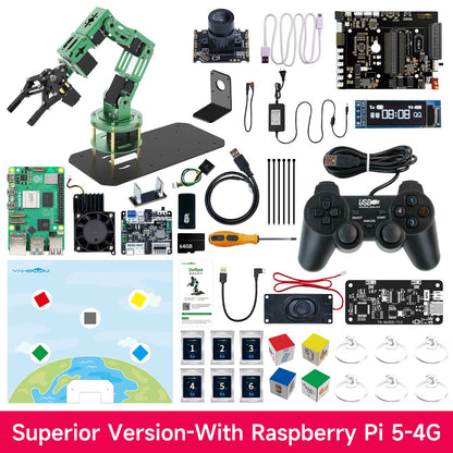 Superior version kit contents with Raspberry Pi 5 4GB: DOFBOT arm plus extra modules, parts, and tools