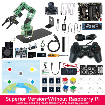 Yahboom DOFBOT robotic arm kit without Raspberry Pi, with USB camera, controller, boards, cables, and accessories