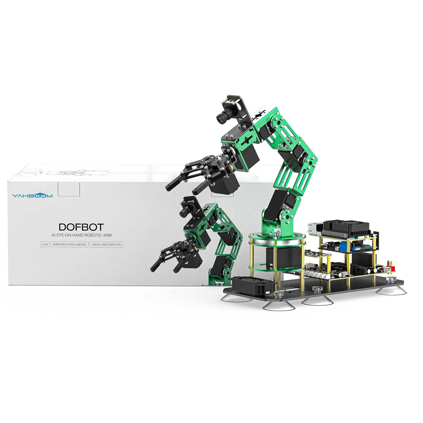 Yahboom DOFBOT AI vision robotic arm kit with base and control stack shown beside product box
