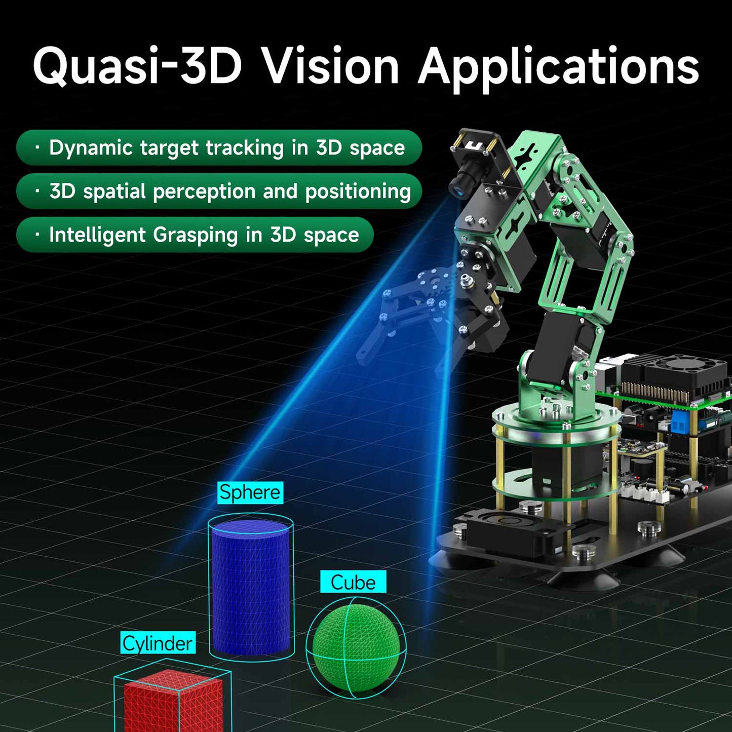 Quasi-3D vision demo showing robotic arm tracking 3D shapes (cylinder, sphere, cube) with depth overlay