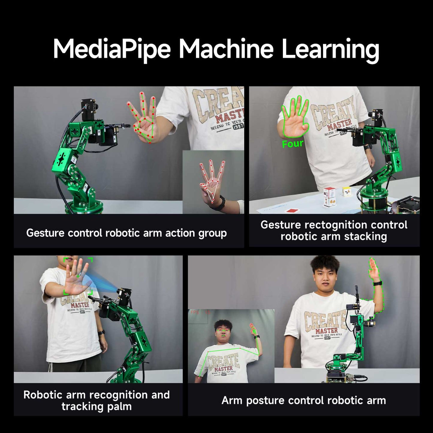 MediaPipe machine learning gesture control demos for robotic arm: hand tracking, stacking, and posture control