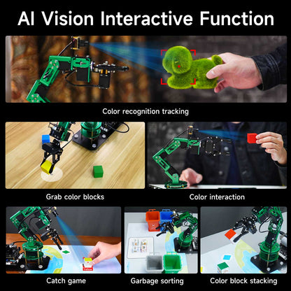 AI vision interactive functions collage: color tracking, grabbing blocks, catch game, garbage sorting, stacking