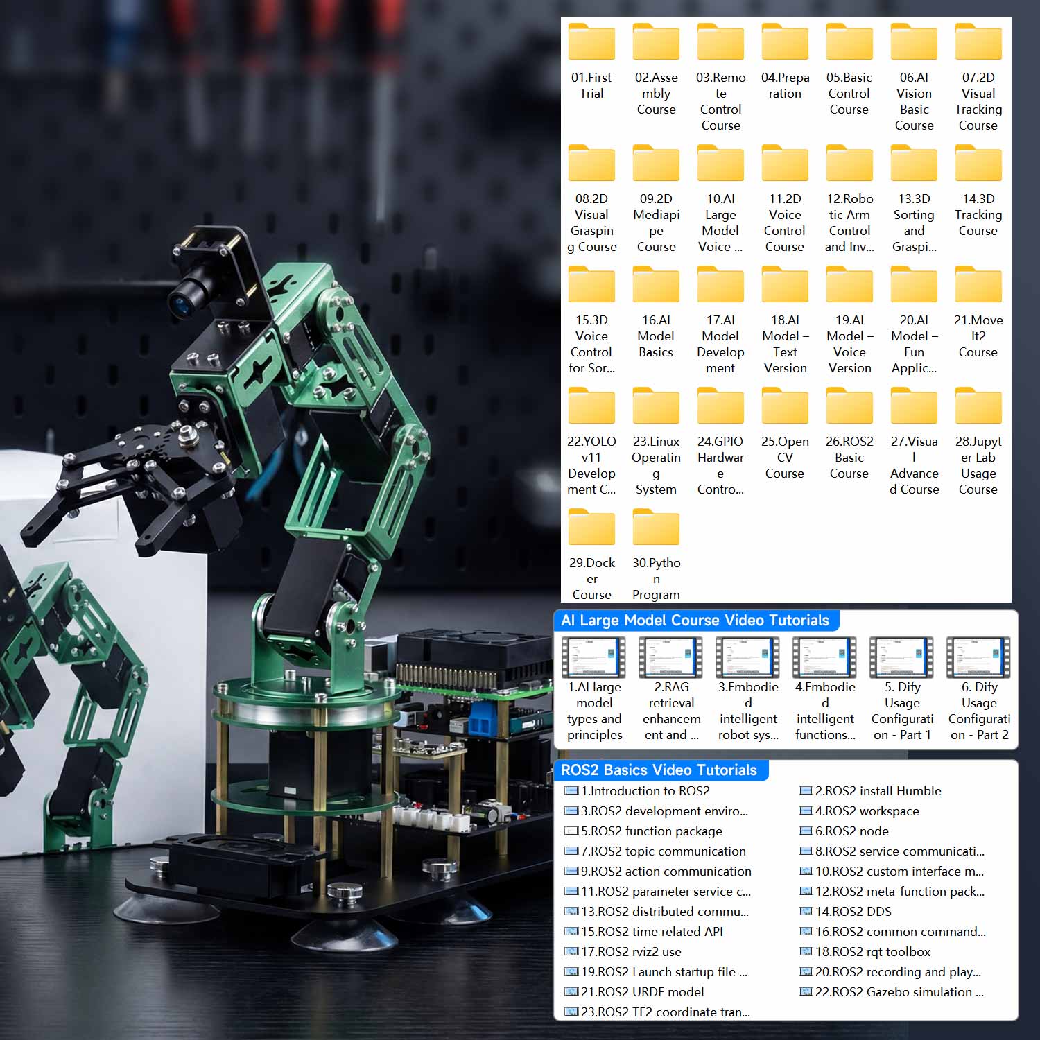 Robotic arm on workbench with course file list screenshot for AI large model and ROS2 tutorial videos