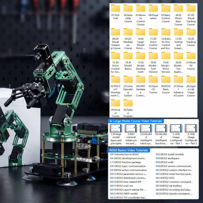 Robotic arm on workbench with course file list screenshot for AI large model and ROS2 tutorial videos