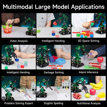 Multimodal large model application examples: DOFBOT arm demos for sorting, handling, spelling, and intent inference