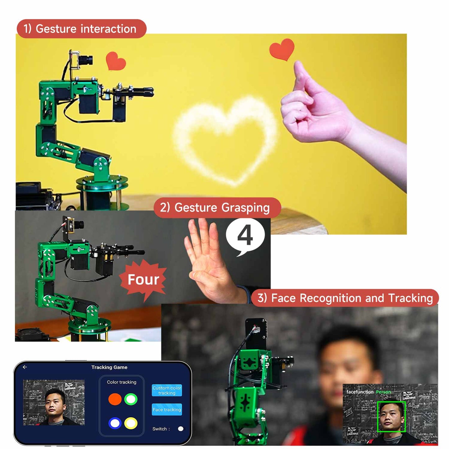 Gesture interaction and face recognition tracking demo collage with app interface screenshot (face blurred)