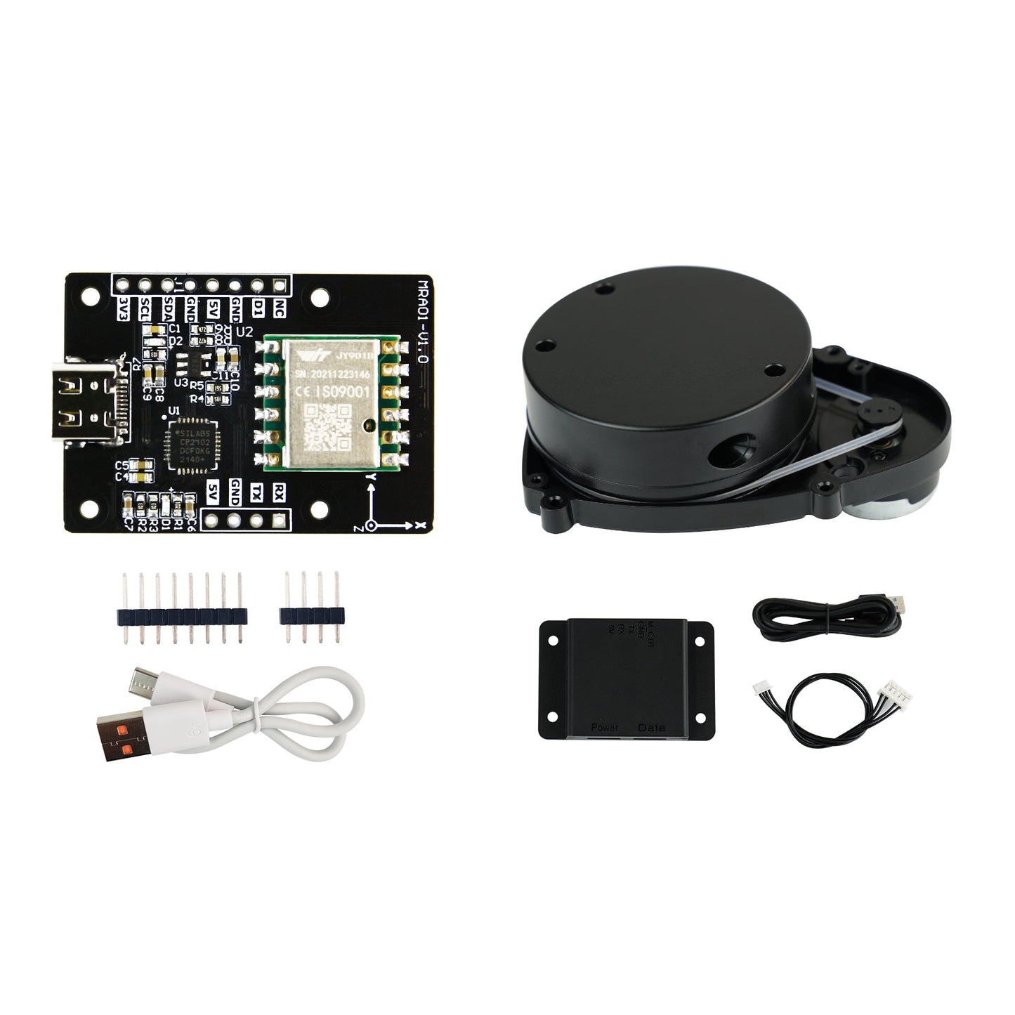IMU sensor board shown with round sensor unit and included cables, headers, and mounting plate