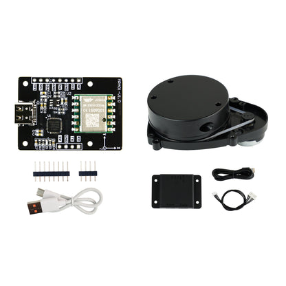 IMU sensor board shown with round sensor unit and included cables, headers, and mounting plate