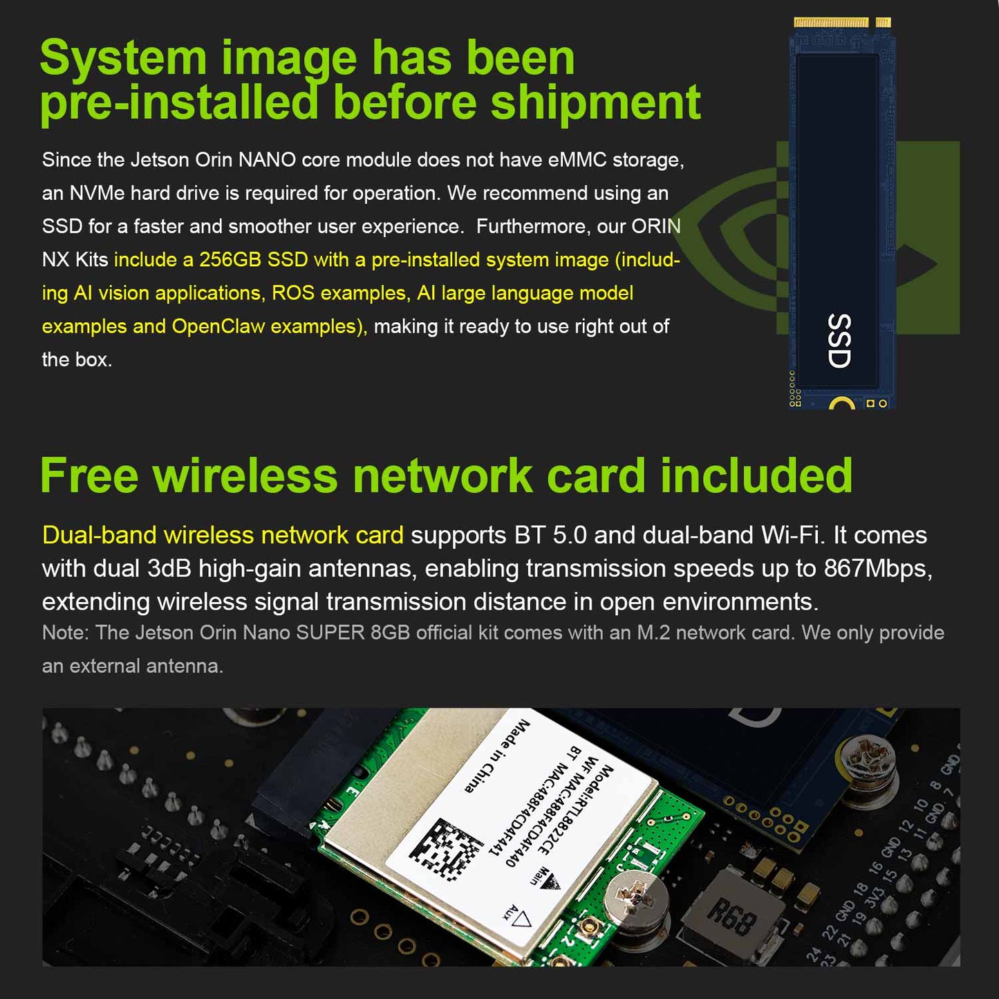 Pre-installed system image on 256GB NVMe SSD and included dual-band Wi‑Fi/Bluetooth network card module