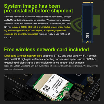 Pre-installed system image on 256GB NVMe SSD and included dual-band Wi‑Fi/Bluetooth network card module