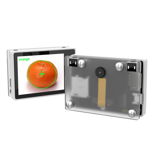 Yahboom K210 vision recognition module with 2.0in touch LCD showing object detection and rear camera view