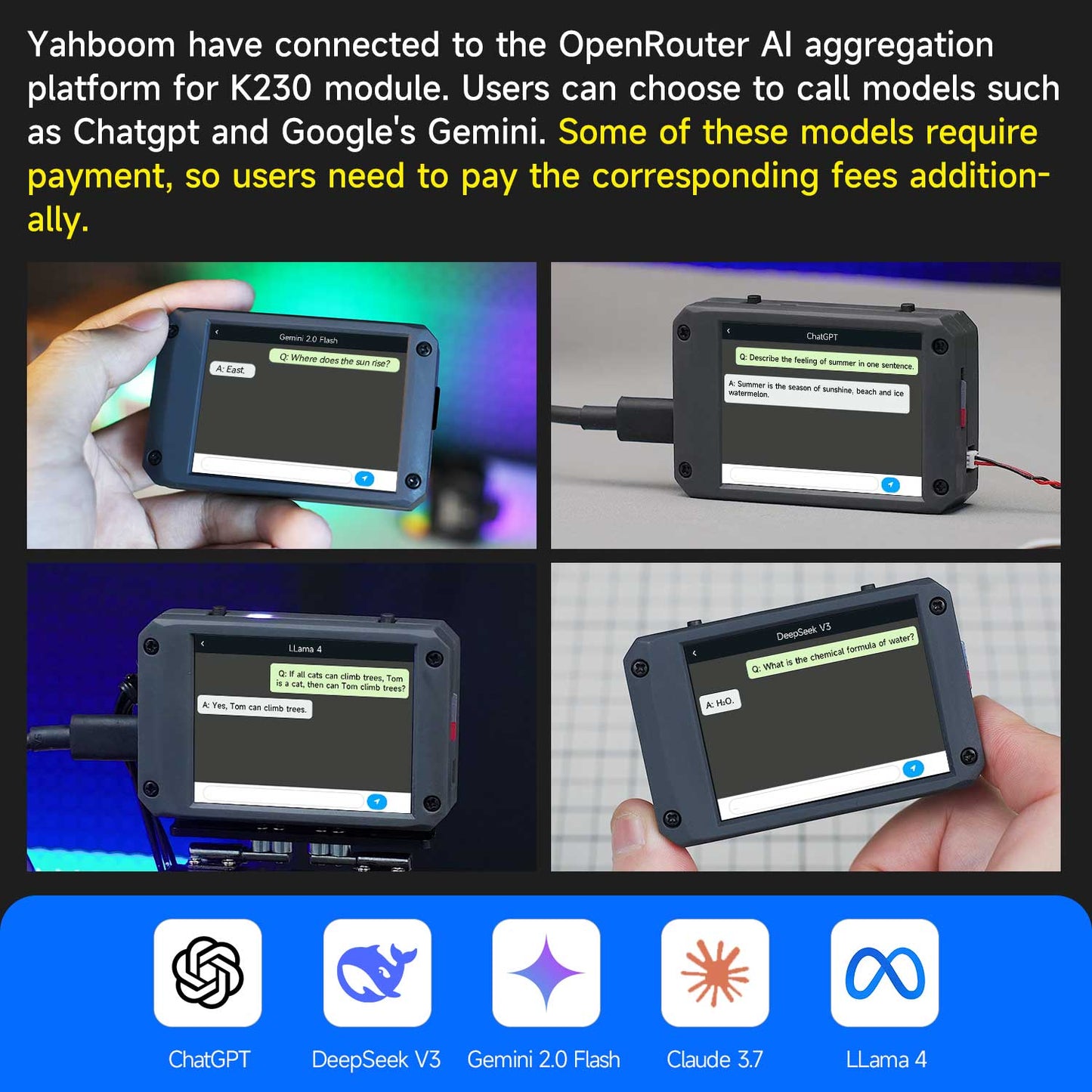 K230 module demo screen showing OpenRouter AI model selection examples (ChatGPT, Gemini, DeepSeek, Claude, Llama)