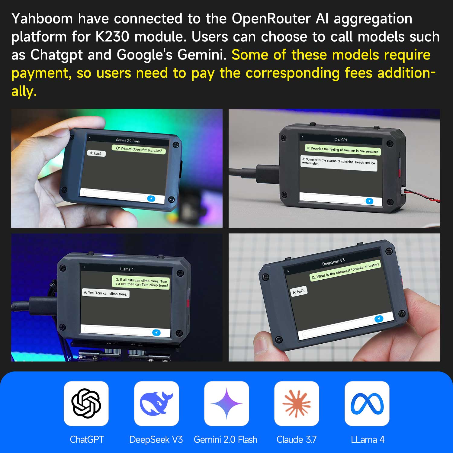 K230 module demo screen showing OpenRouter AI model selection examples (ChatGPT, Gemini, DeepSeek, Claude, Llama)