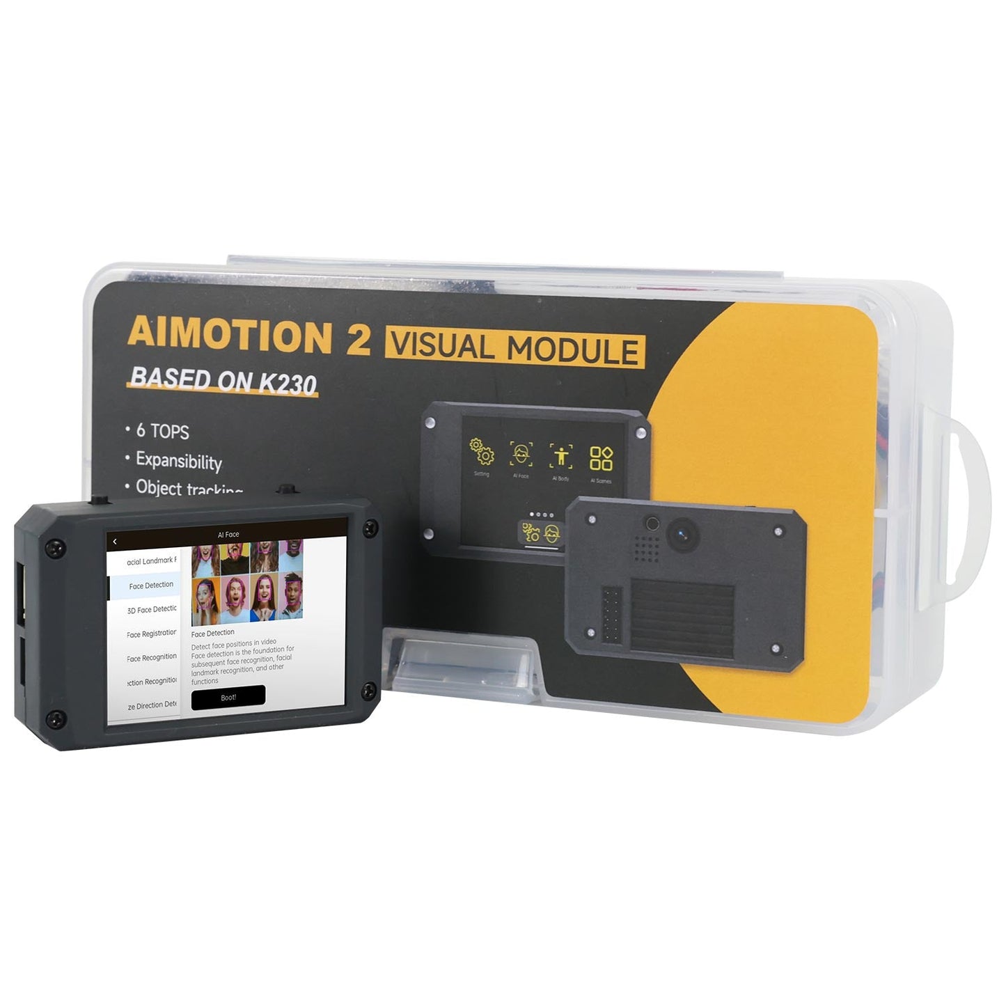 Yahboom K230 vision recognition module kit with 2.4in touch display and protective case packaging