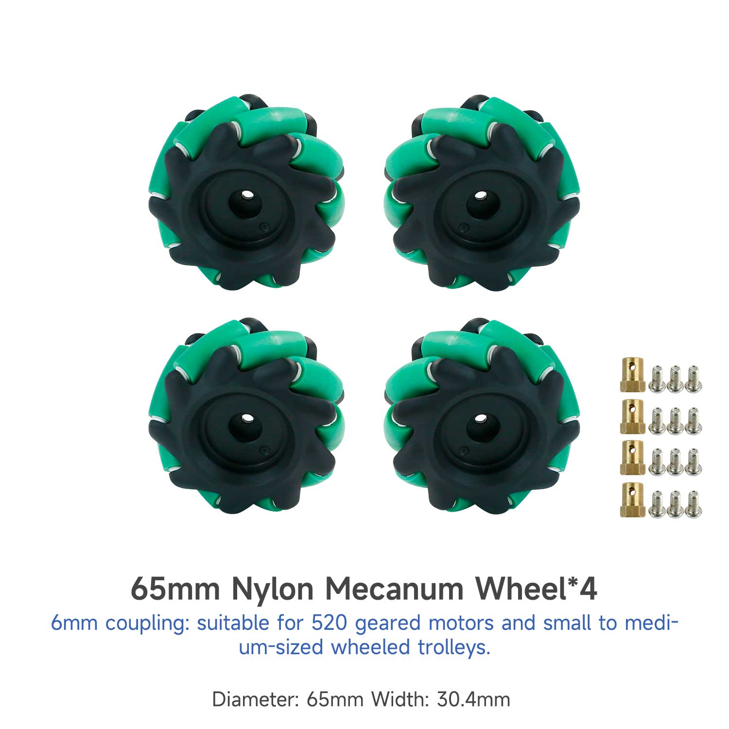 65mm nylon mecanum wheel set of 4 with 6mm couplings and screws, diameter and width listed