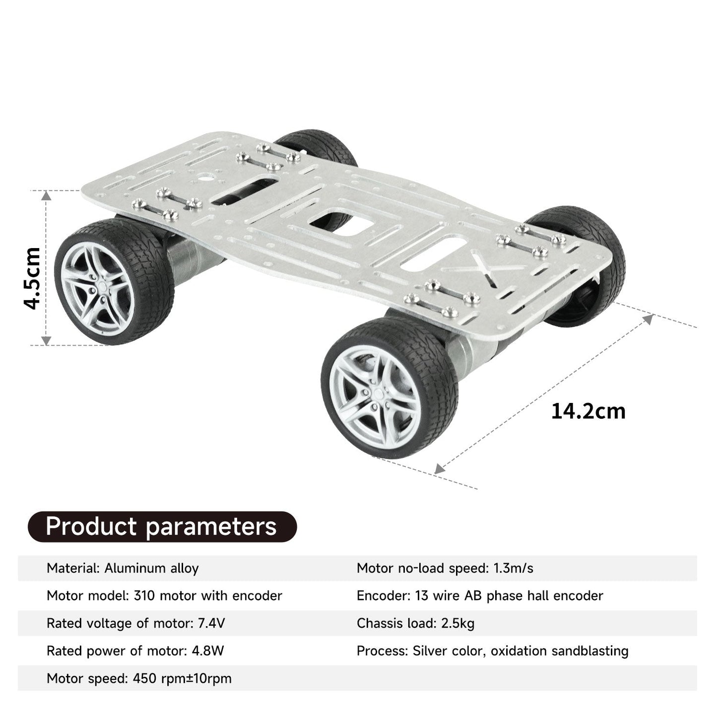Mini 4-wheel aluminum robot chassis with dimension overlay and product parameters table