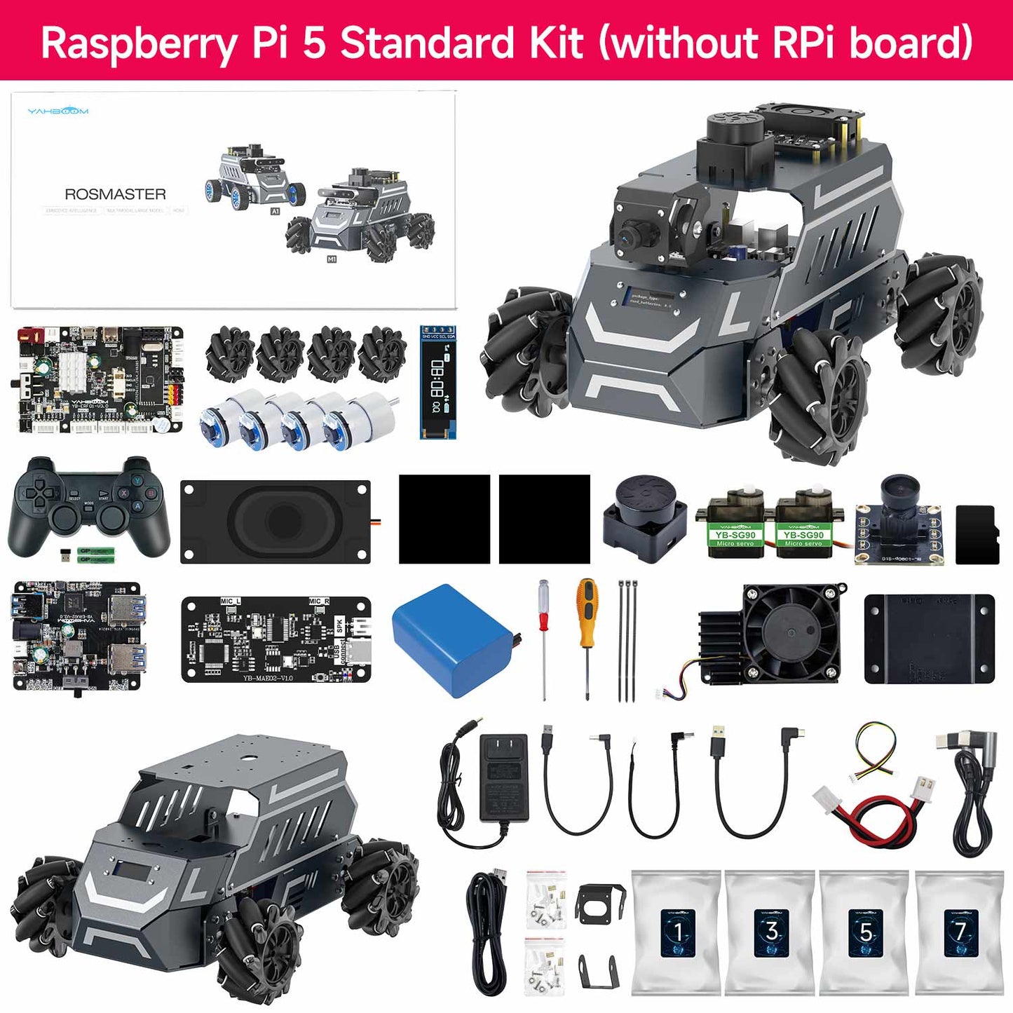 Yahboom ROSMASTER M1 ROS2 robot kit with chassis, mecanum wheels, controller, camera, boards, cables and tools
