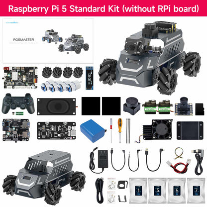 Yahboom ROSMASTER M1 ROS2 robot kit with chassis, mecanum wheels, controller, camera, boards, cables and tools