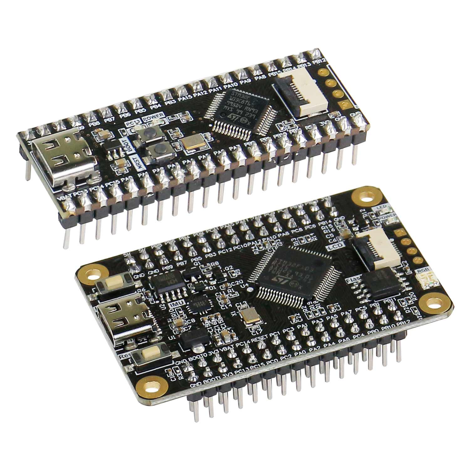 Yahboom STM32F103 core board with Type-C, CH340, SWD and TFT FPC connector, angled top view