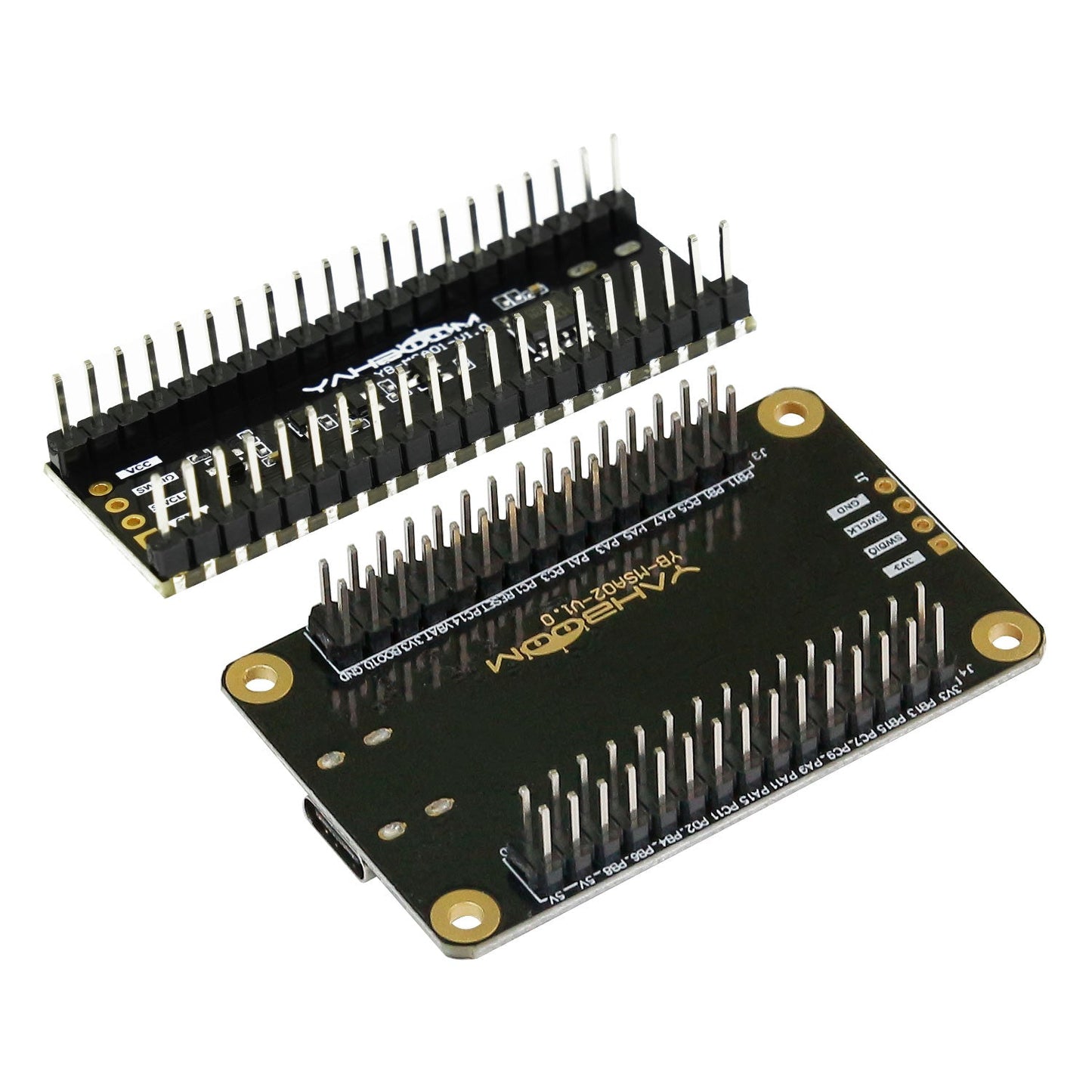 Rear view of Yahboom STM32 core board showing soldered pin headers, mounting holes, and PCB back silkscreen