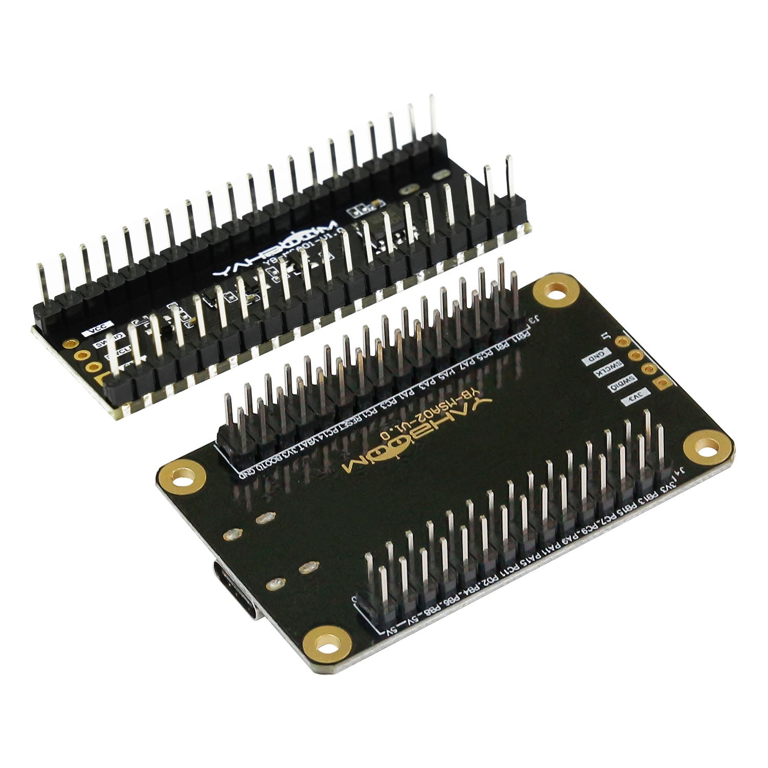 Rear view of Yahboom STM32 core board showing soldered pin headers, mounting holes, and PCB back silkscreen