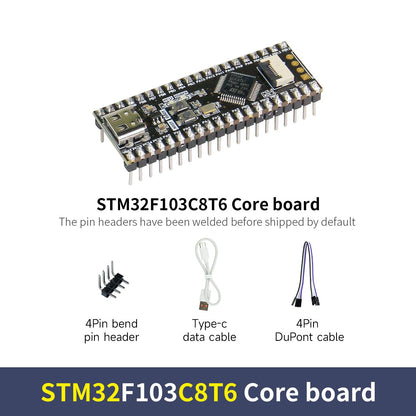 STM32F103C8T6 core board kit contents: board with headers, 4-pin bent header, USB-C data cable, 4-pin Dupont cable