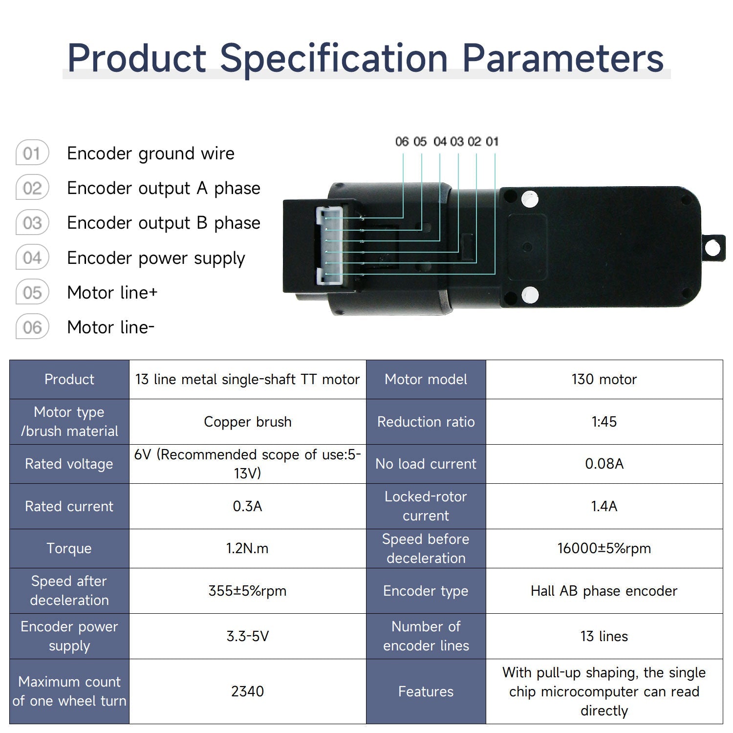 Product specification chart for TT DC gear motor with Hall AB encoder, showing 1:45 ratio and 355 rpm details