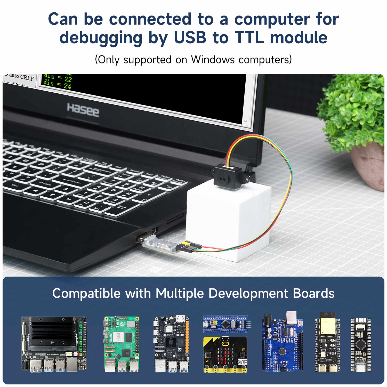 TinyF UART distance sensor connected to laptop via USB-to-TTL for debugging, development board compatibility graphic
