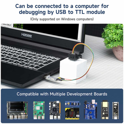 TinyF UART distance sensor connected to laptop via USB-to-TTL for debugging, development board compatibility graphic