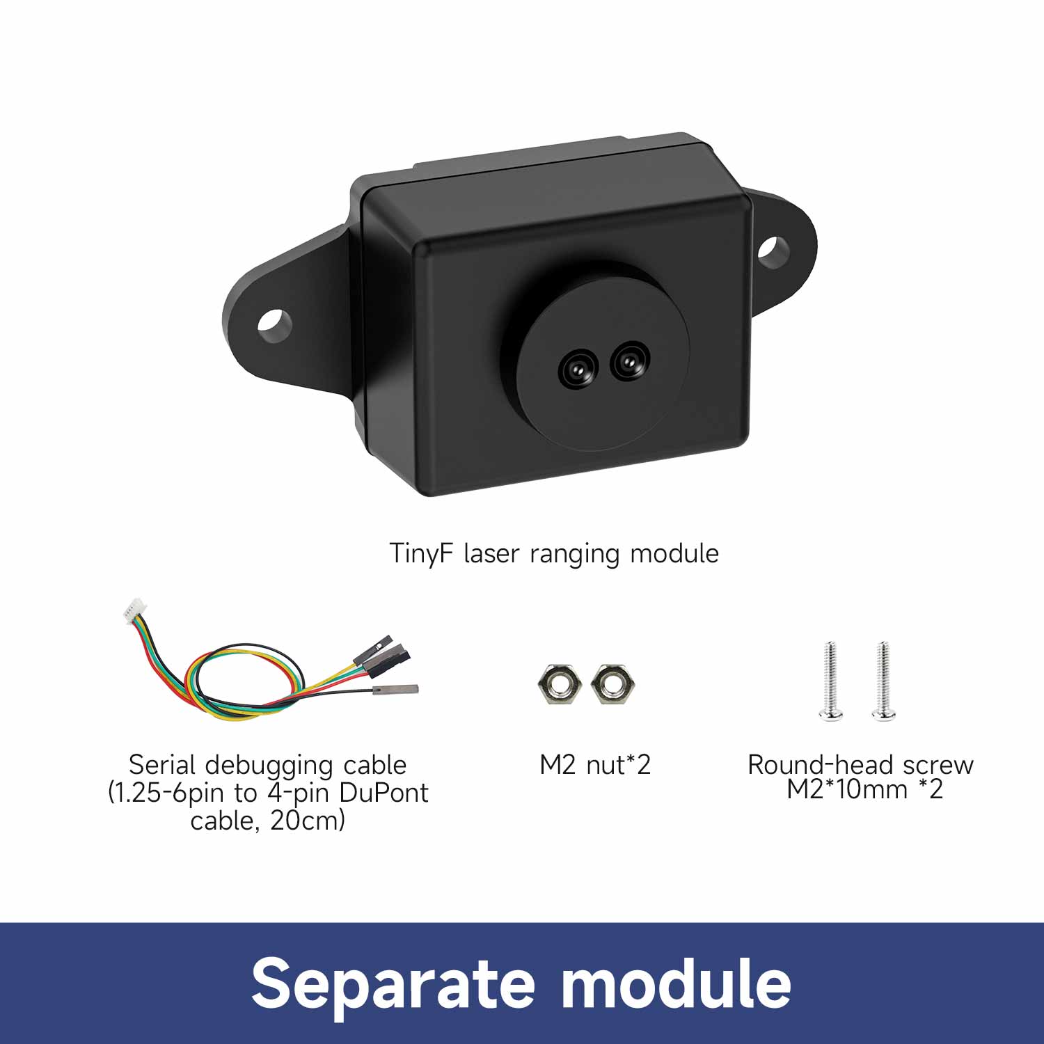 Package contents: TinyF laser ranging module with 6-pin to DuPont serial cable, M2 nuts and screws