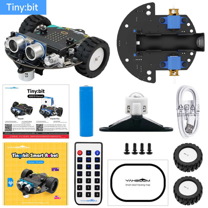 Tiny:bit kit contents layout: robot car, chassis base, battery, USB cable, IR remote, screws, wheels, and tracking map