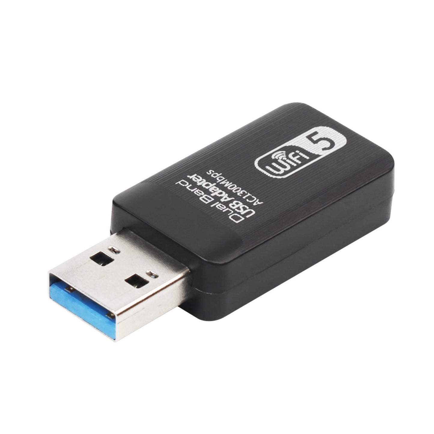 USB 3.0 WiFi 5 network adapter dongle, compact black body with blue USB-A connector