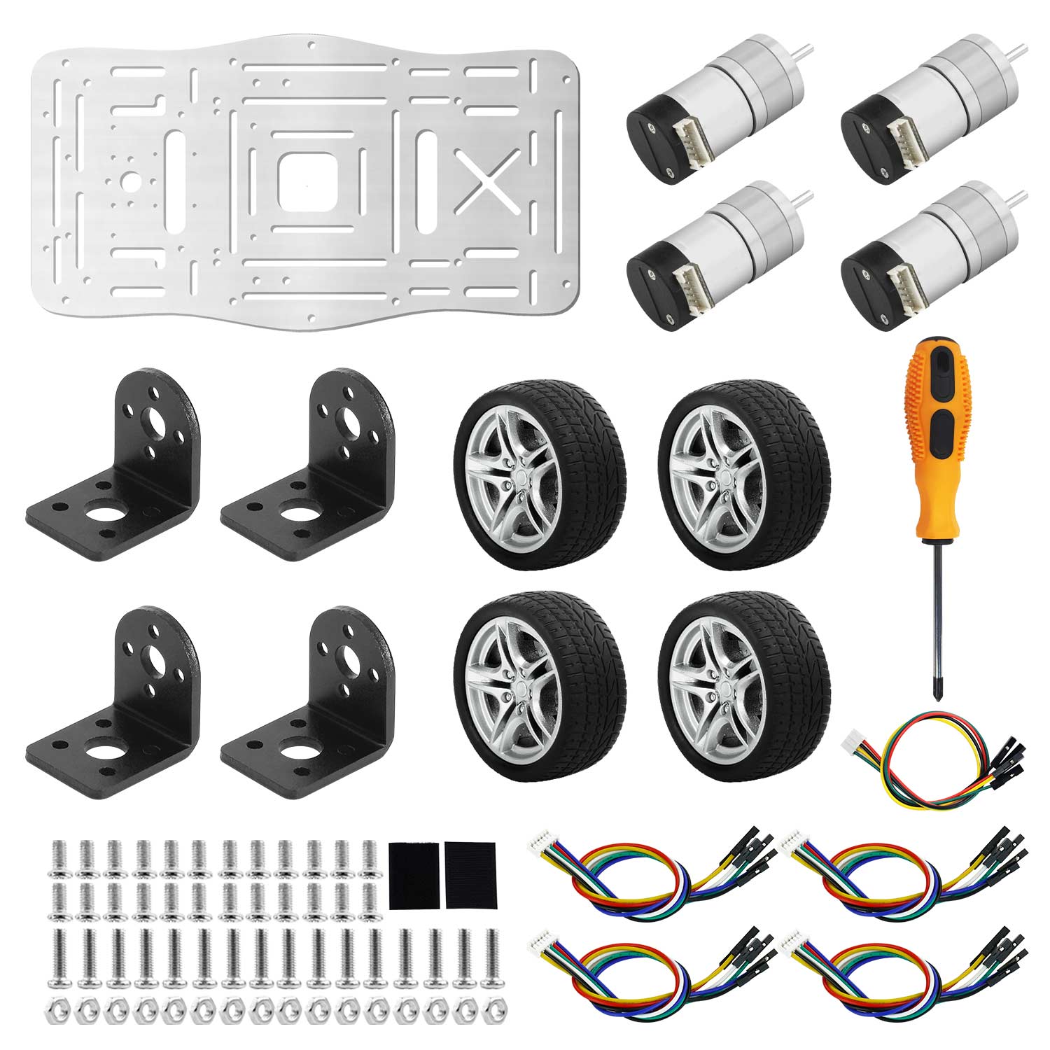 Separate chassis kit contents: aluminum plate, 4 motors, 4 wheels, brackets, screws, wiring and screwdriver