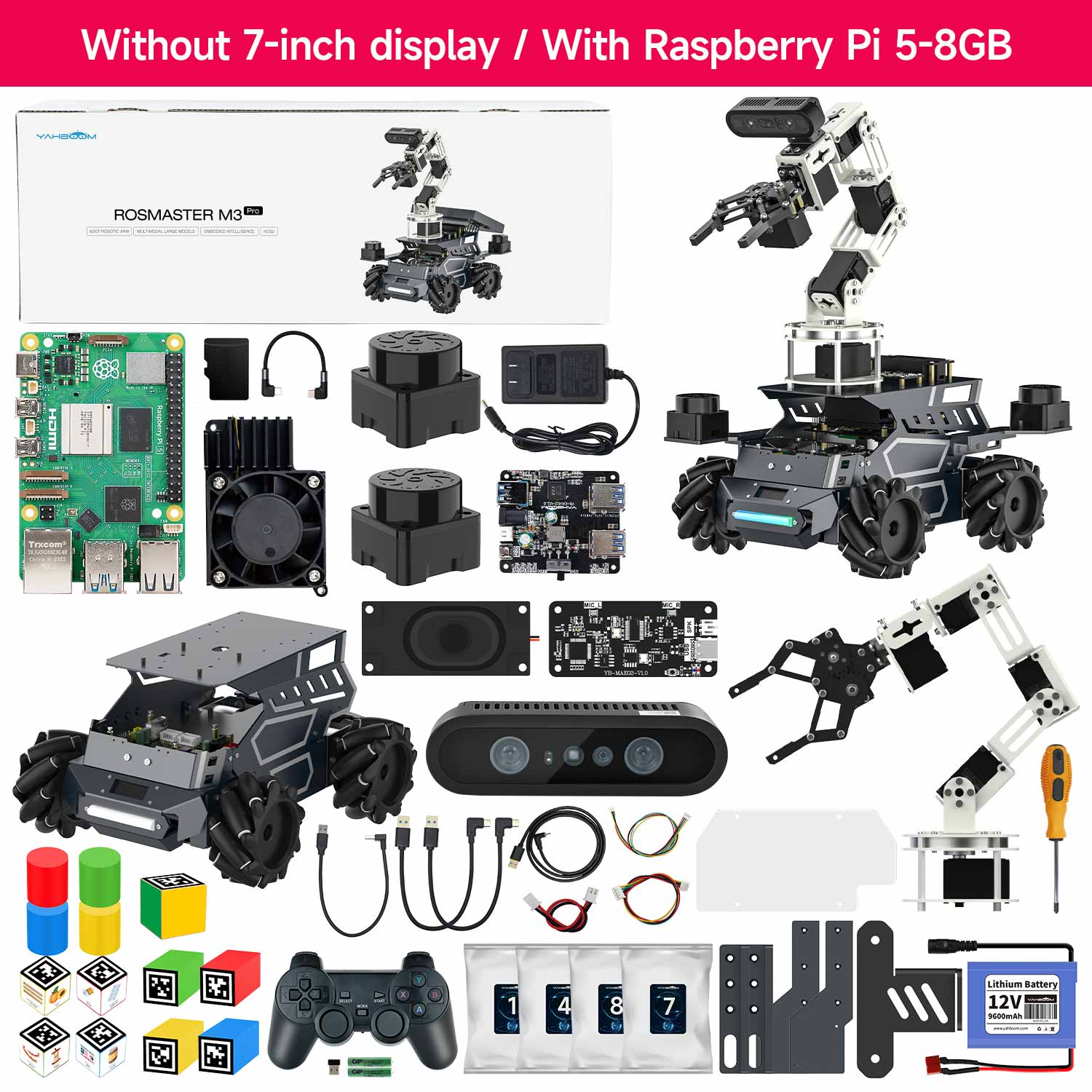 Yahboom ROSMASTER M3 Pro ROS2 robot kit with Raspberry Pi 5, omni-wheel chassis, arm, sensors, and accessories