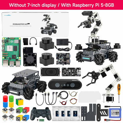 Yahboom ROSMASTER M3 Pro ROS2 robot kit with Raspberry Pi 5, omni-wheel chassis, arm, sensors, and accessories