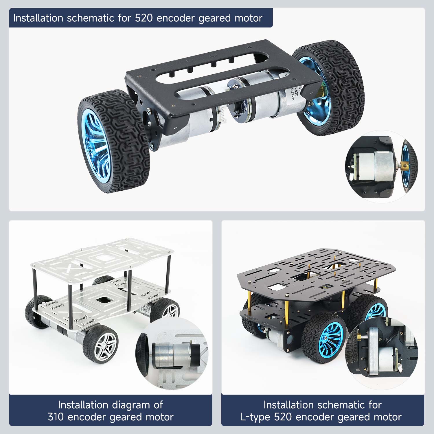 Installation schematic showing 520, 310, and L-type 520 encoder geared motor mounts on robot car chassis