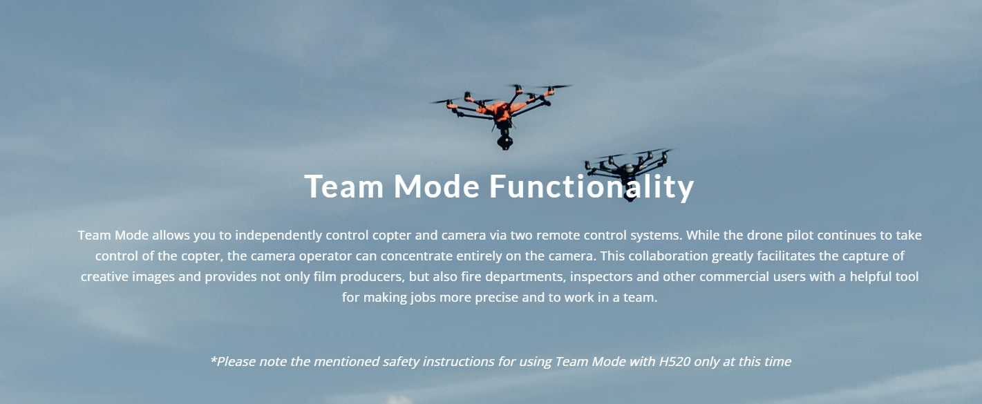 Yuneec H520E Commercial Hexacopter, The Team Mode Functionality allows independent control of copter and camera via two remote systems, enabling creative imaging.